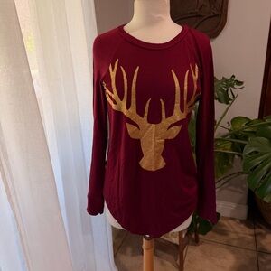 First Look USA Reindeer Christmas Top Burgundy Gold Deer M